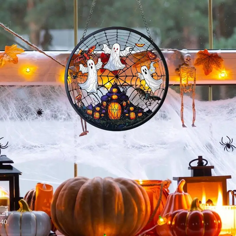 Halloween Sun Catcher Pumpkin Ghost Wall Pendant Ornament Holiday Home Decoration Hangable Ornament Wall Decor Stained Acrylic