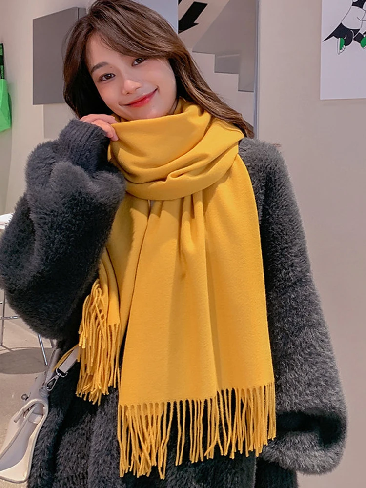 

Solid Color Imitation Cashmere Tassel Retro Autumn Winter Women Scarf Thickened Warm Comfortable Defend Cold Collar Long Shawl