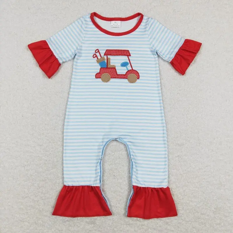 3.27y NEW stock baby summer girls romper wholesale boutique fishing float red bow blue vest rompers