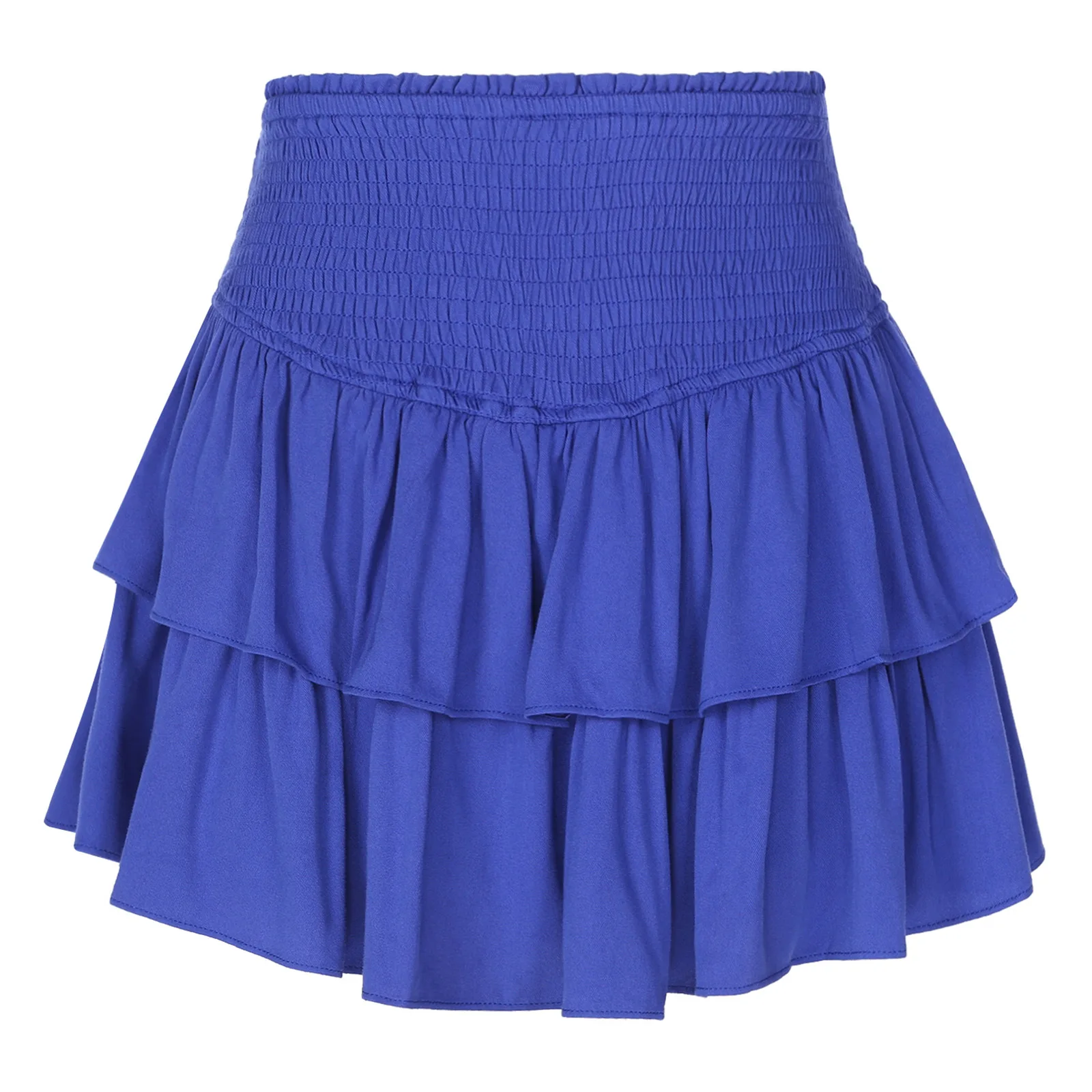 

Womens High Waist Ruffle Skirt Solid Color Shirring Elastic Waistband Skirts Built-In Shorts Layered Miniskirt