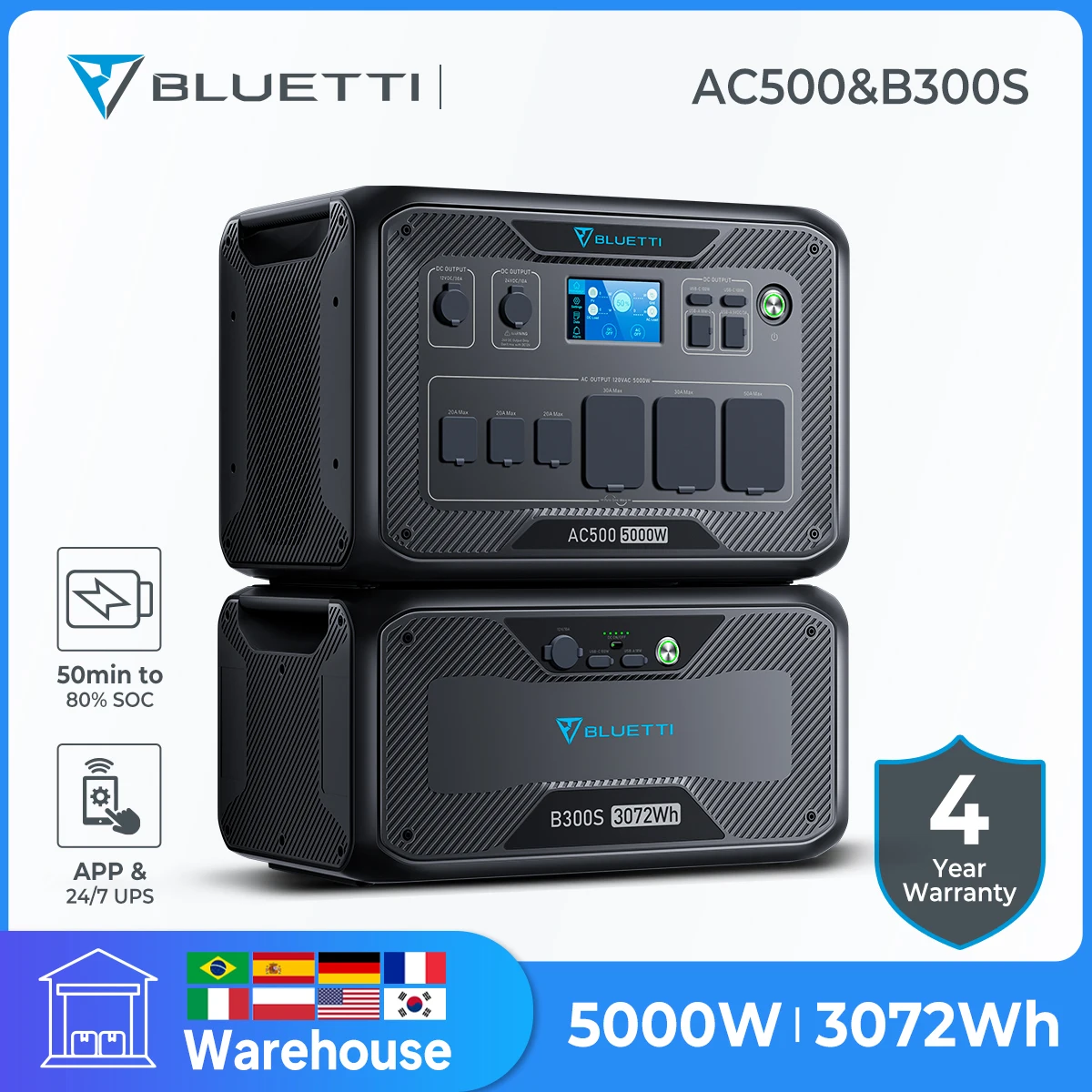 Bluetti Ac500 + B300S 5000W Stazione Di Energia Solare Per La Casa 3072Wh Batteria Di Espansione Lifepo4 Backup Per La Casa Kit Completo Di Emergenza