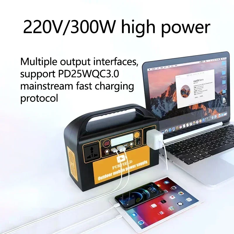 PURFIELD 220V 110V AC 300W Portable Power Station 315WH Solar Generator 90000mAh/3.7V Battery DC Outdoor Emergency Power Supply