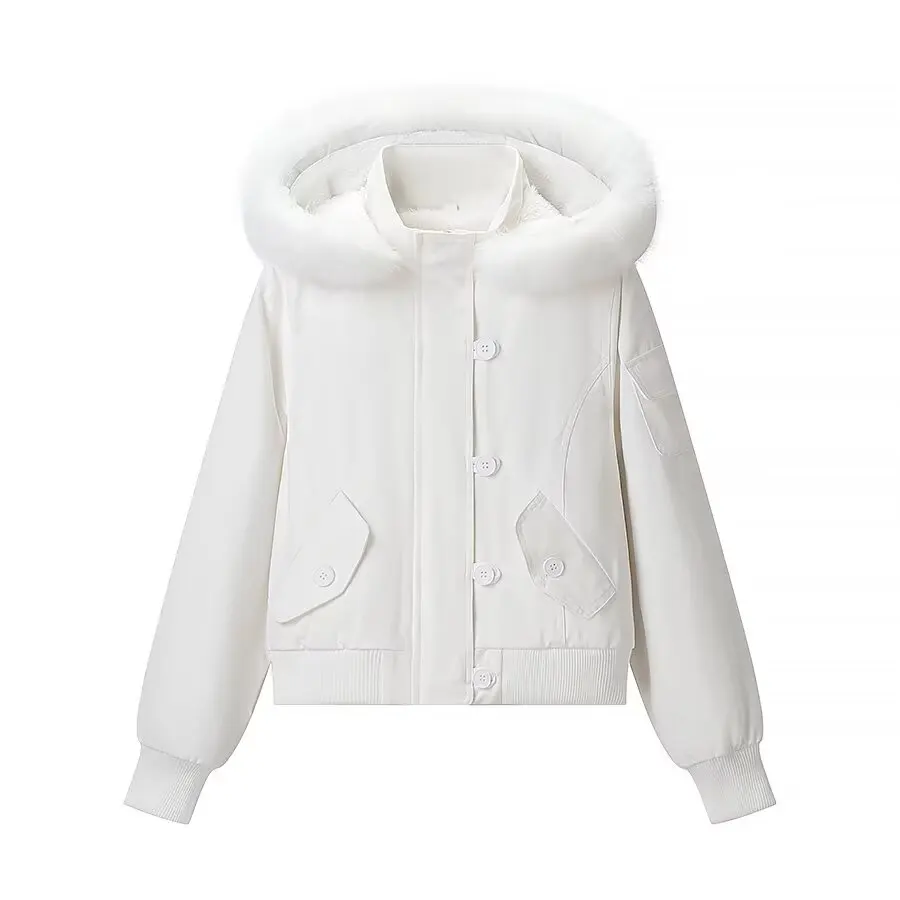 HH Damen 2025 Winter Mode Reißverschluss Langarm Knopf-Dekoration Kapuzen-Baumwollmantel Damen High-Street Lässige Warme Jacke Mujer – Detail 2