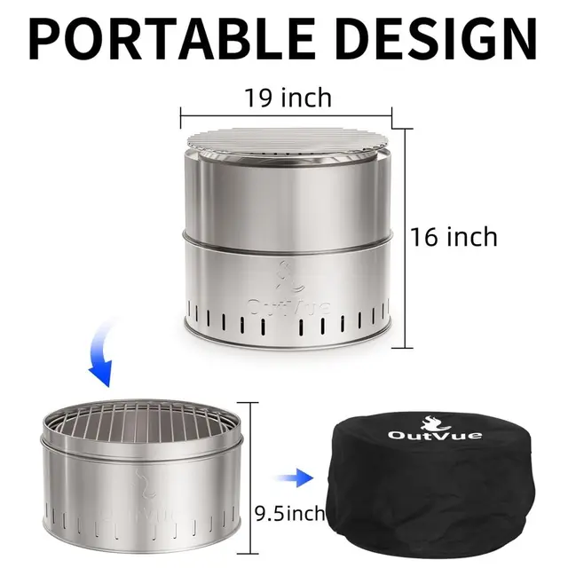 inch Stainless Steel Smokeless Fire Pit with Grill, Outdoor Smokeless Firepit, Wood Burning Fire Pits for Camping, Bonfire, Low 4