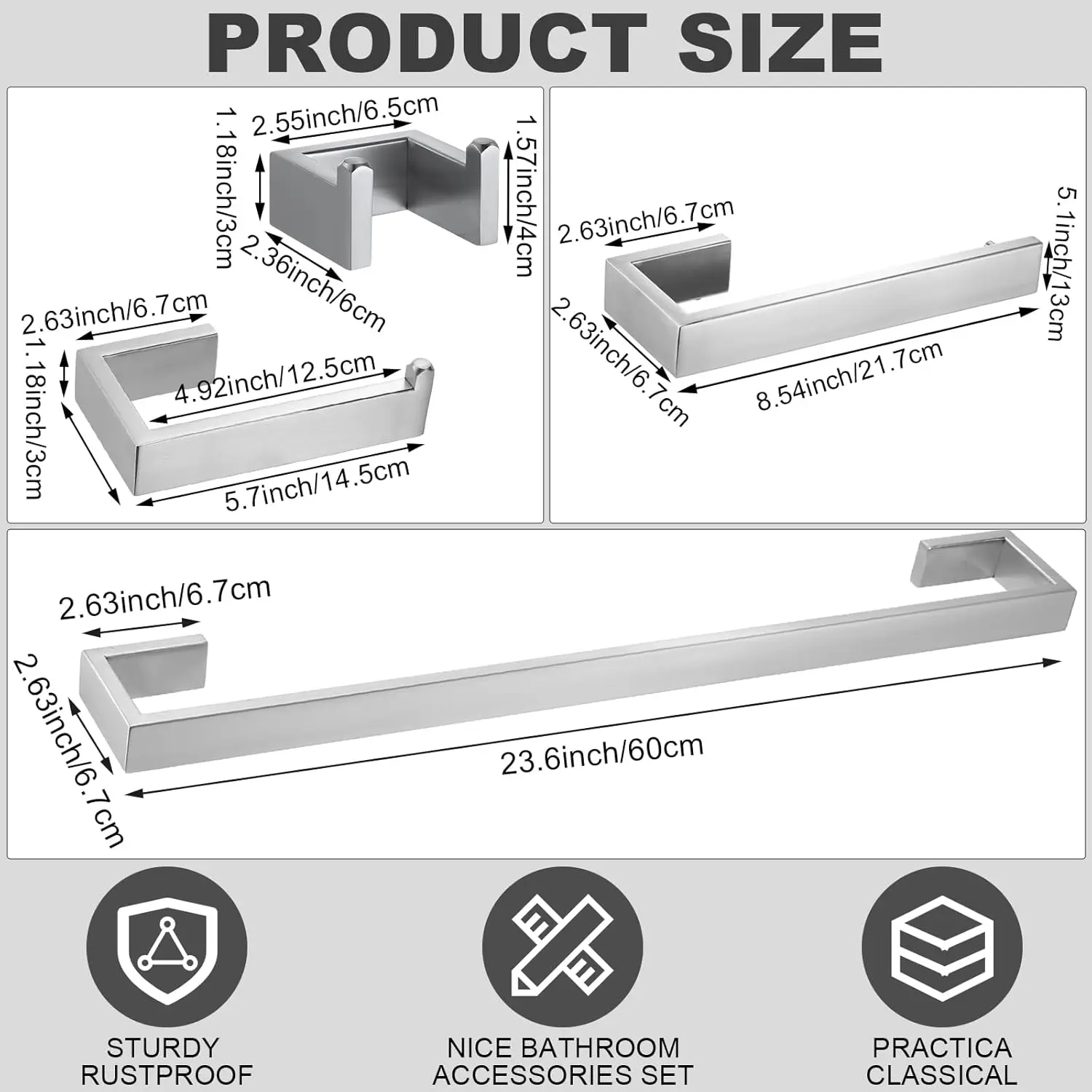8-Piece Bathroom Hardware Set. Towel Holder, Robe Hook, Toilet Paper Holder. Brushed Stainless Steel. Wall-Mounted. Silver.