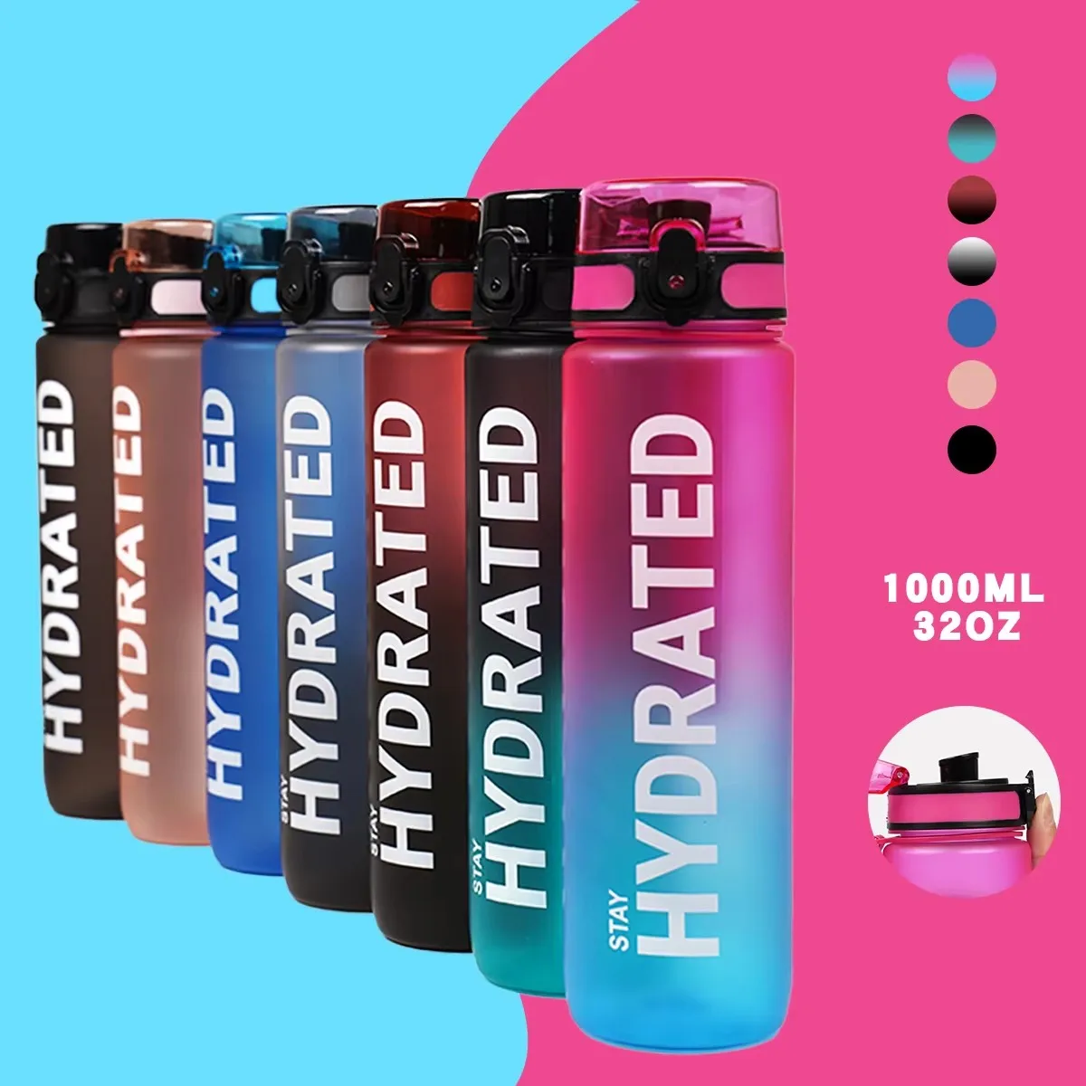 1000ml Gradient Sports Water Bottle with Time Marker - Leak-Proof & Durable