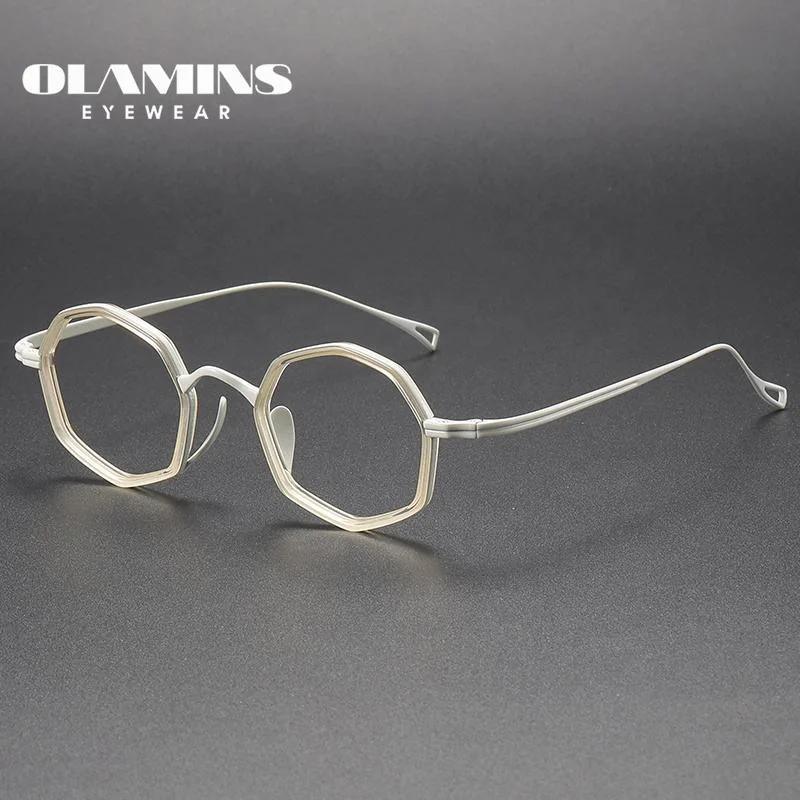 OLAMINS 불규칙 타원형 다각형 블랙 청키 프레임, Gaf 직사각형 스펙 라이트, 무게추 티타늄 아세테이트 광학 프레임