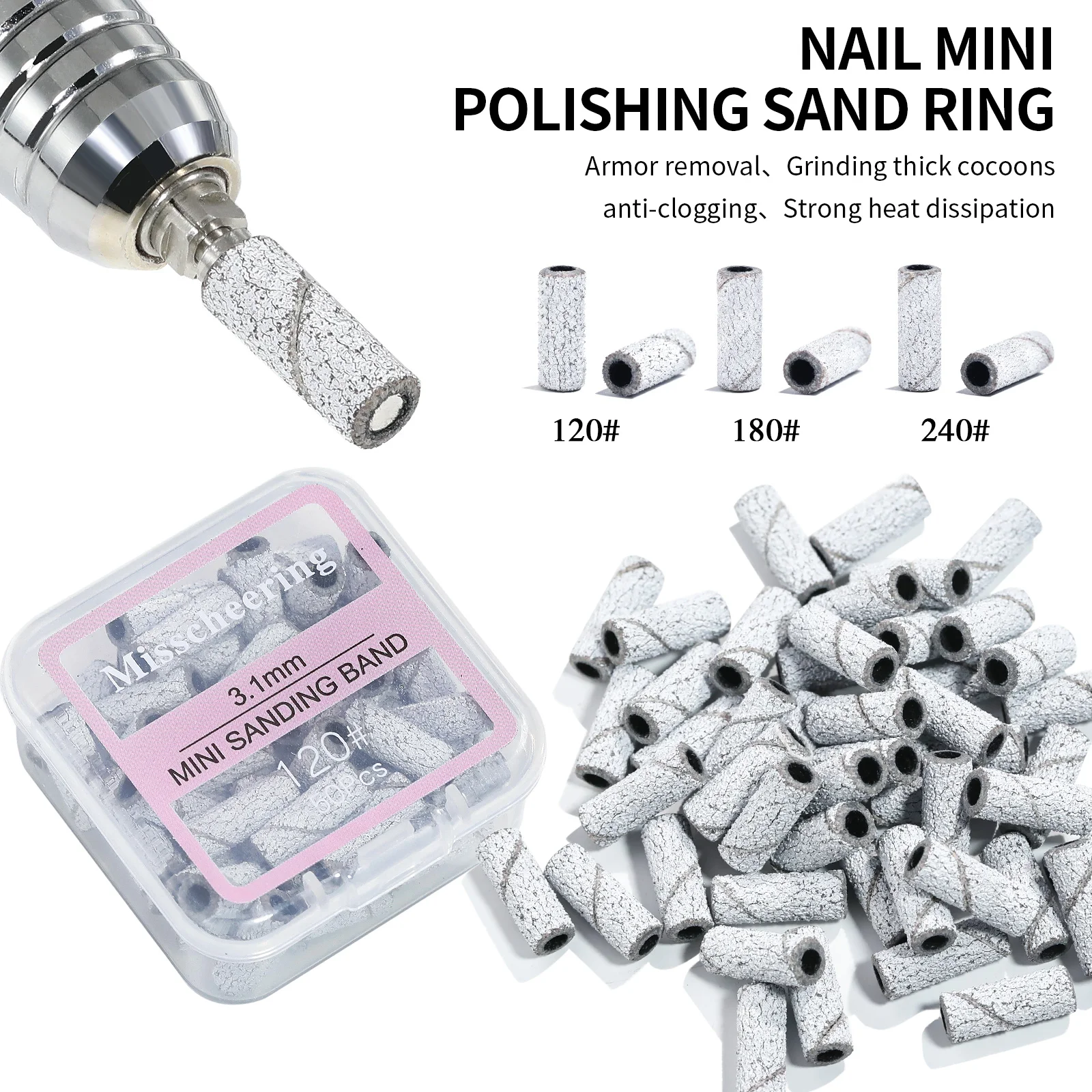 Mini Nail Sanding Bands 50pcs 3.1mm 120# 180# 240# Remove Cuticle Polishing Sand Ring Set Manicure Tool Accessories