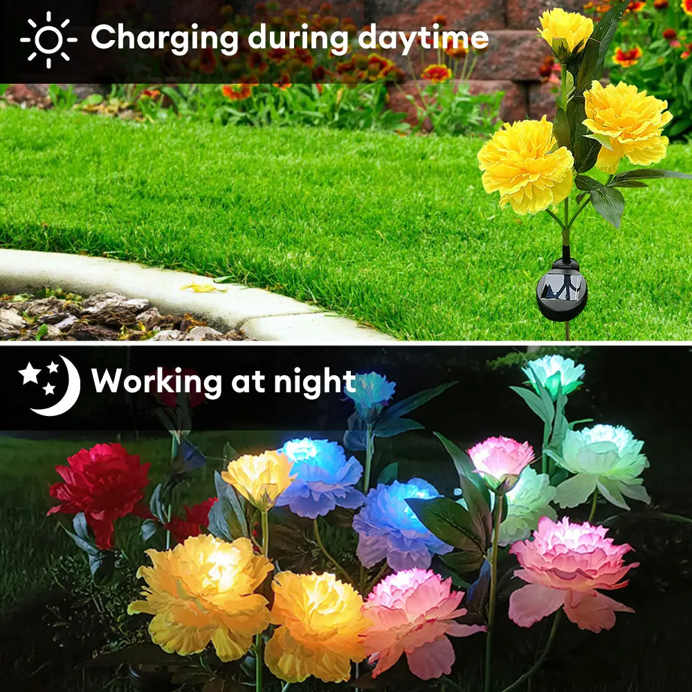 LED Solar Lights Outdoor Peony Flower Lamp Night Lamp Garden Decoration for Yard Patio Landscape Path Waterproof Garden Decor