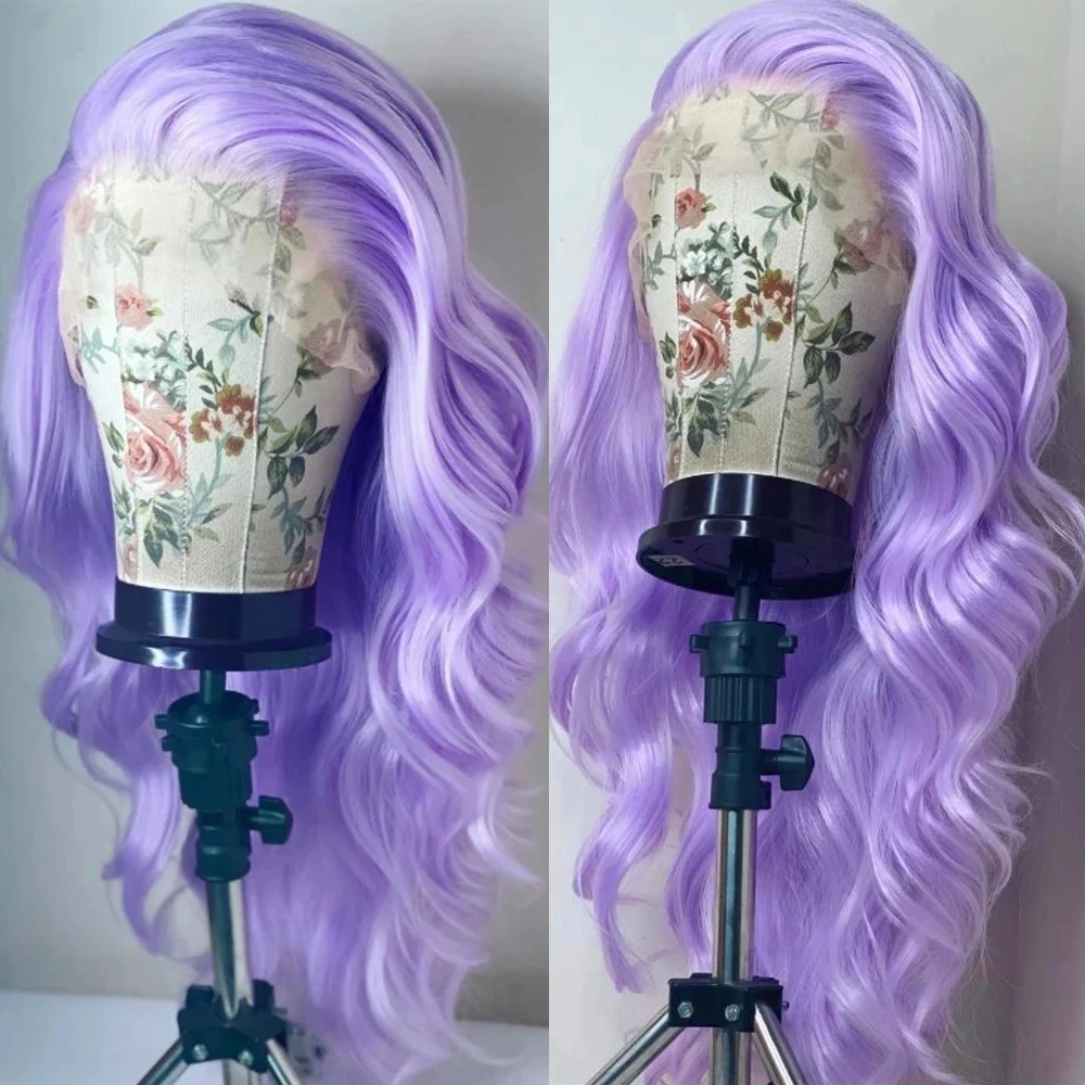 

MXWIGS Lavender Light Purple Wave Synthetic Lace Front Wig For Women Soft Cosplay 26Inch Long Glueless Preplucked Heat Resistant