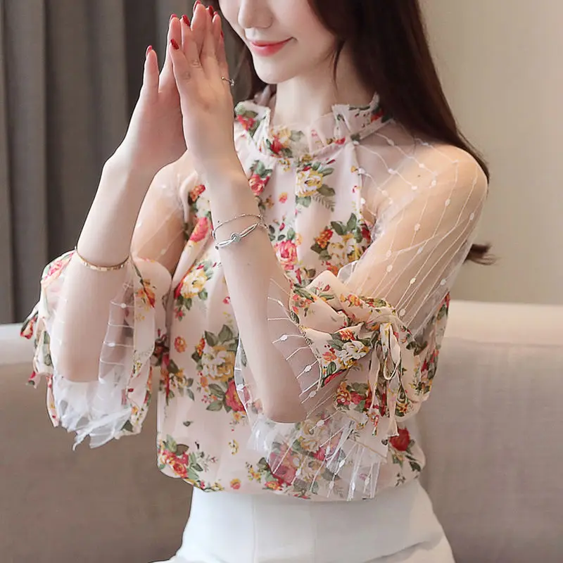 

Elegant Female Floral Printed Chiffon Shirt Summer New All-match Fashion Mesh Spliced Stand Collar Blouse Women's Clothing