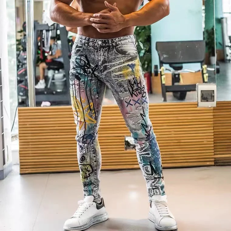 

Iron Wolf Fitness Jeans Men's Sporty Stretch Breathable Ripped Painted Fashion Slim Feet Pants