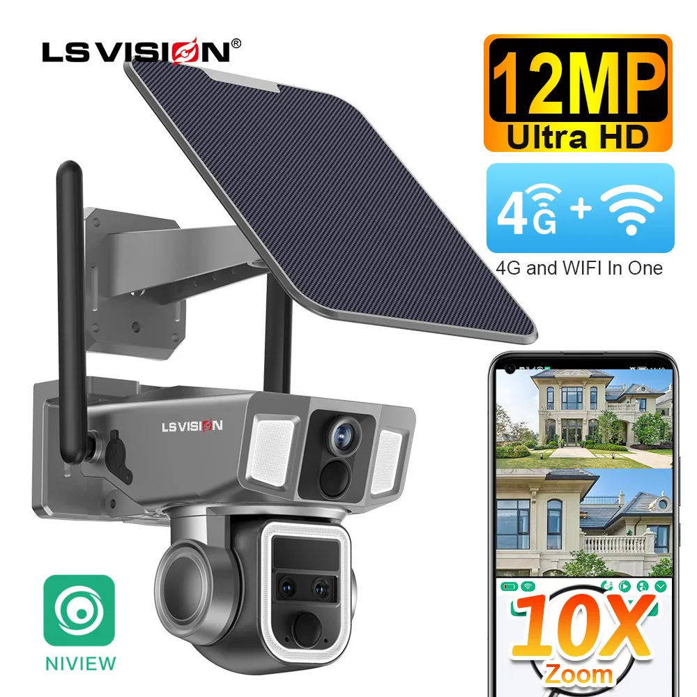 

LS VISION 12MP 6K 10X Zoom Dual Screen Solar Camera Outdoor 4G/WiFi 2 In 1 Three Lens Dual PIR Detection Auto Tracking CCTV Cam