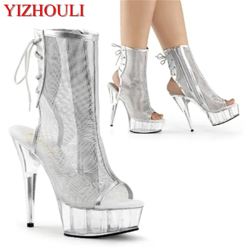 

Summer 15 Cm Fashion Stage Shoes, Net Cloth Uppers Transparent Banquet, Fish Mouth Inside Zipper, Cool Ankle dance shoes