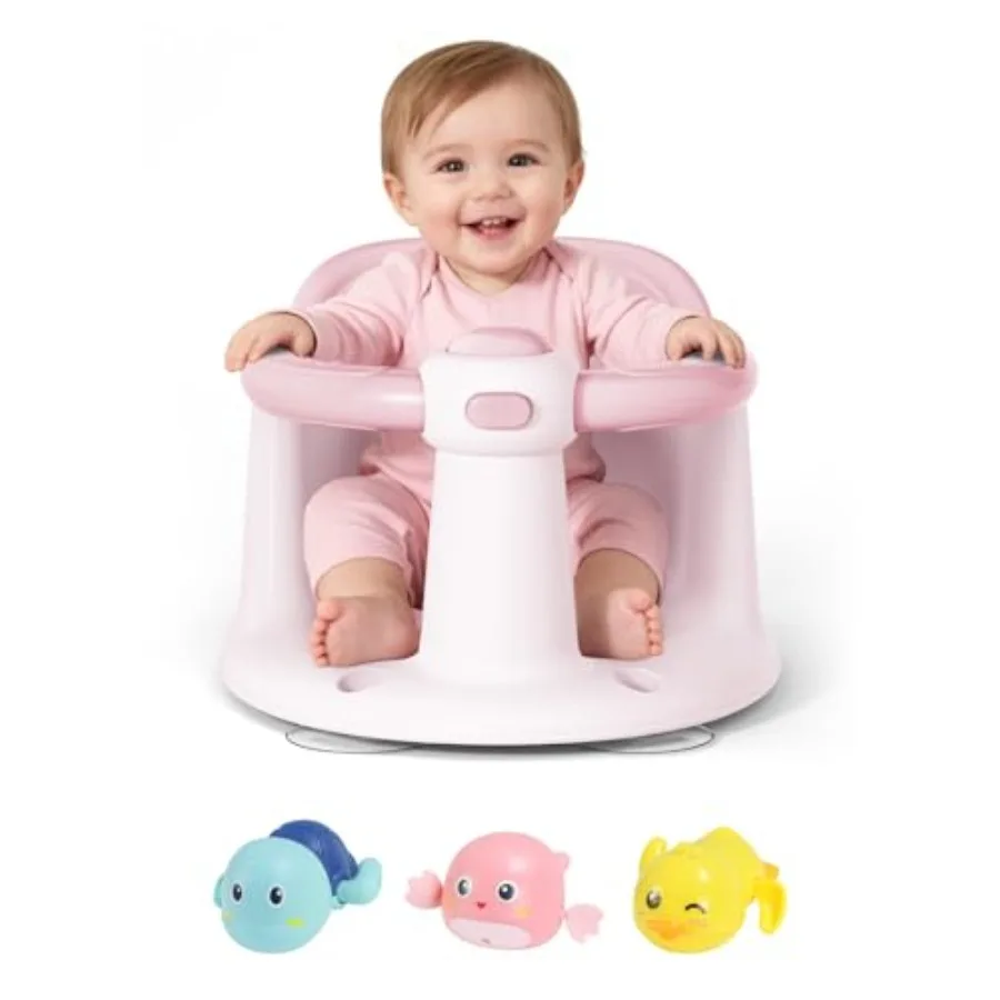 Baby Bath Seat for Babies 6 Months Up - Bathtub Seats with 3 Baby Bath Toys Non-Slip Comfortable Infant Bath Essentials Pink