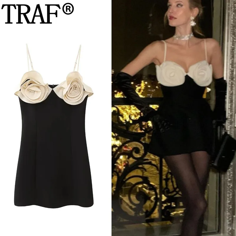 

TRAF Flower Slip Dress Sleeveless Black Short Dresses For Women Summer Backless Sexy Dress Night Club Party Dresses For Prom