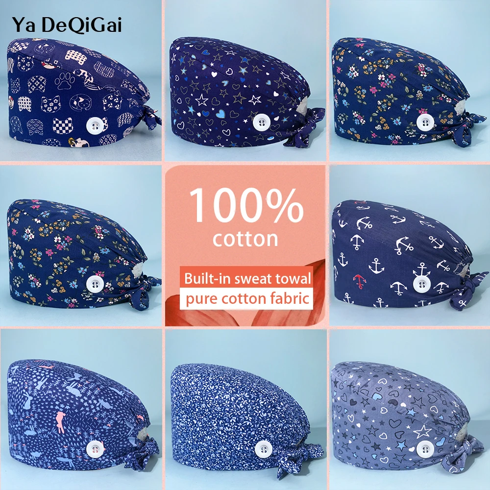 

Cotton Printing Beautician Hat Lab Work Pet Beauty Salon Scrub Dentist Clinic Surgery Cap Unisex Breathable Nursing Hats