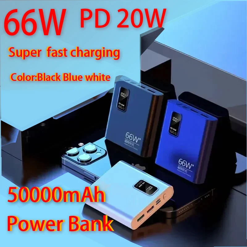 

66W Power Bank 50000mAh Super Fast Charging Power Bank Portable Charger Digital Display External Battery Pack for iPhone Xiaomi