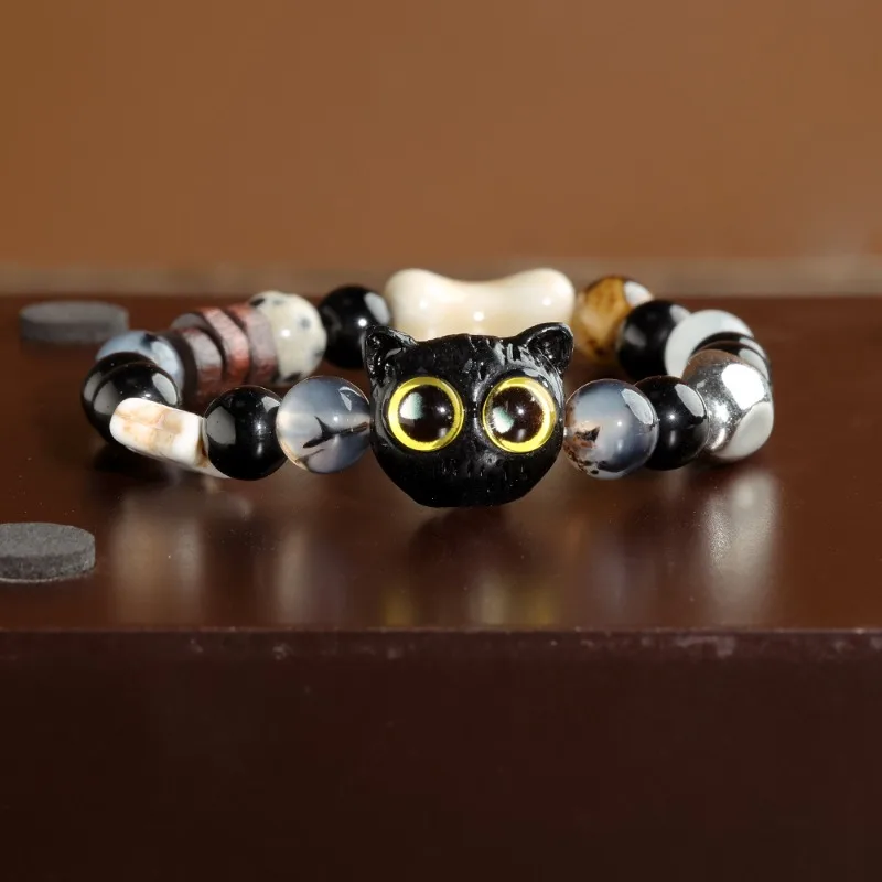 New Lovely Black Cat Bracelet Women Men Cute Cartoon Bangle Funny Animal Beaded Wristband Girls Lovable Handmade Jewelry Gifts
