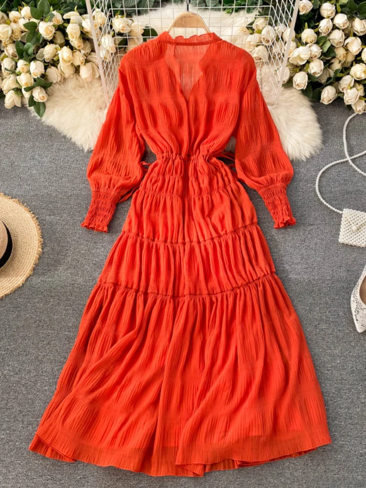 

Bohemian Pleated Dress Women Spring Autumn Elgant V-Neck Drawstring High Waist Beach Dresses Ladies Casual Long Robe Vestidos