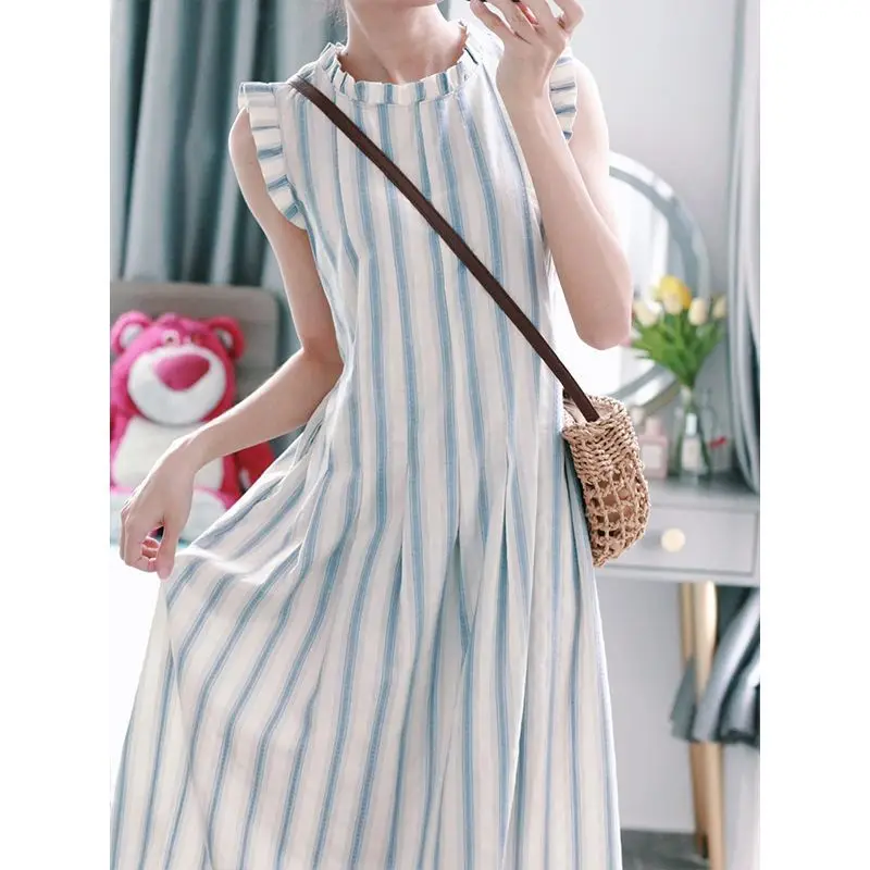 

Fashion O-Neck Ruffles Folds Striped Sleeveless Dress Women's Clothing 2024 Summer New Loose Butterfly Sleeve Casual Dresses