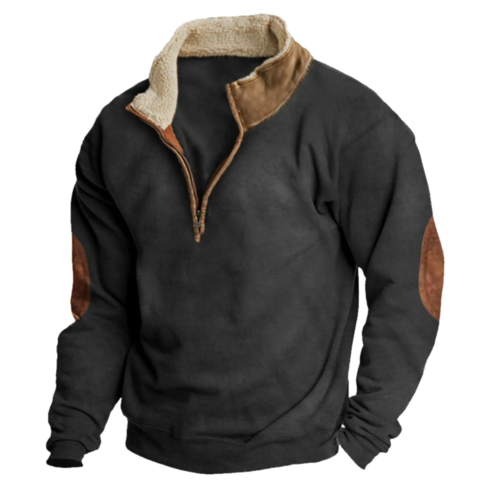 Mens Vintage Hoodies Winter Fleece Thicken Patchwork Stand-Up Collar Pullovers Zipper Collar Oversized Thermal Sweatshirt Male