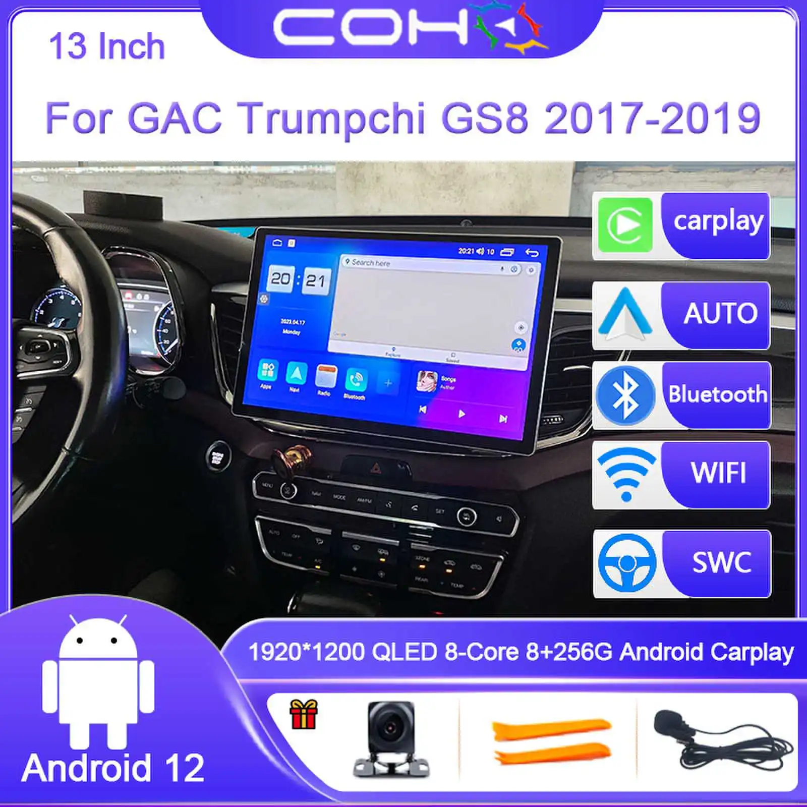 차량용 멀티미디어 플레이어 라디오, GAC Trumpchi GS8 2017-2019, 안드로이드 12.0, 옥타 코어, 8G + 256G, 1920*1200 해상도, 비디오 GPS, 13 인치