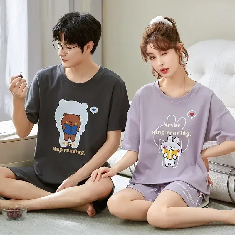 

Sleepwear Sets Pijamas Short Sleeved Lougewear Pyjamas Women Combed Couple Cotton Men Cartoon And Lover Pajamas Homewear Summer