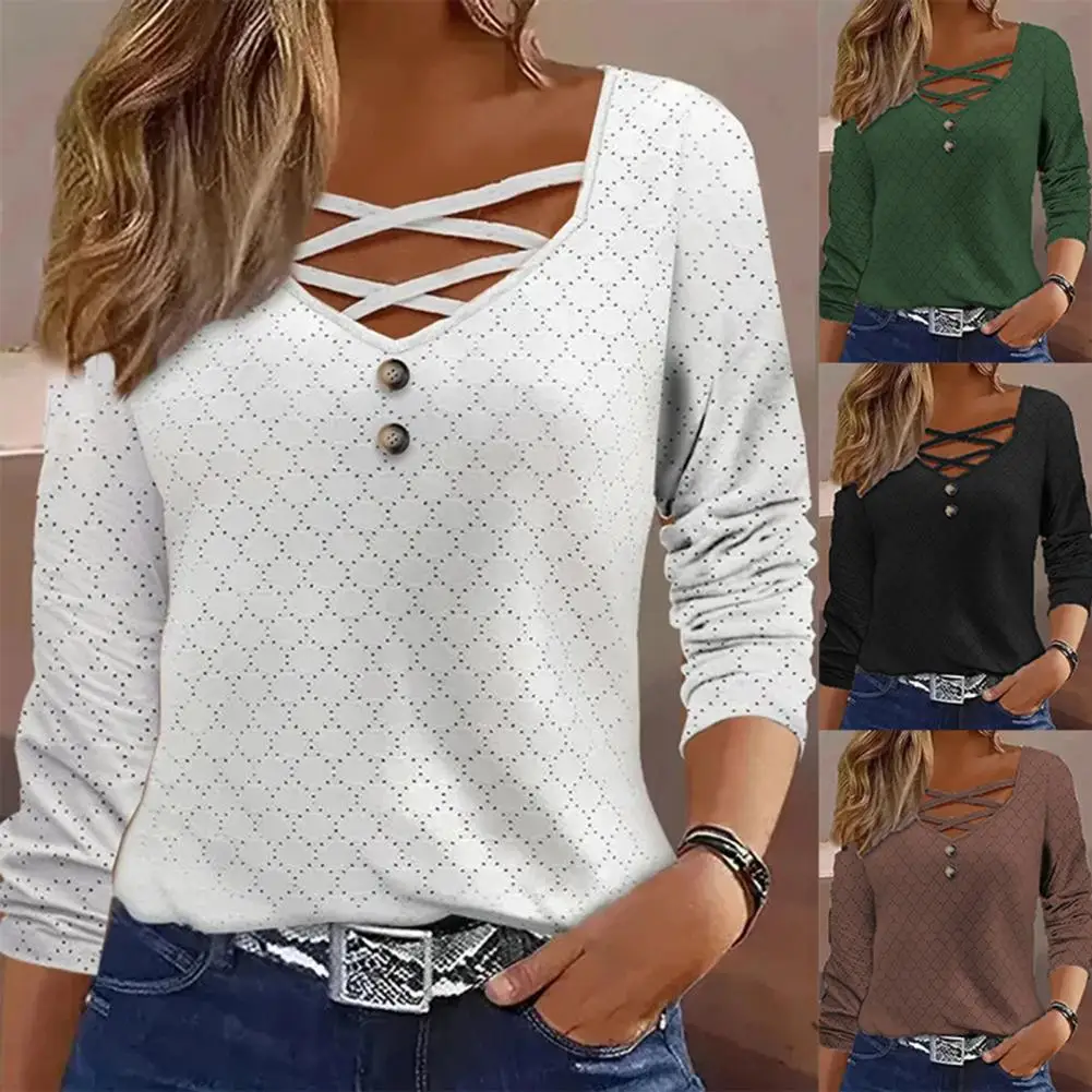 

Women T-shirt Chic Women's V-neck Pullover Tops with Hollow Out Detail Button Accents for A Soft Loose Fit in Spring Fall