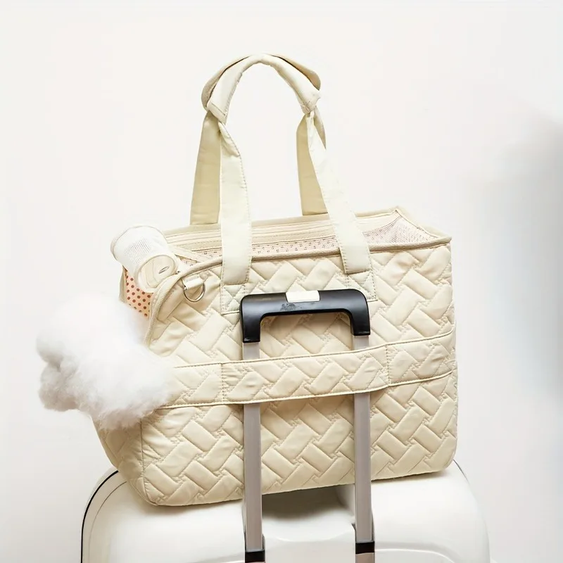 Portable Quilted Pet Handbag For Cats and Small Dogs Lightweight Canvas Shoulder Bag with Breathable Mesh Bag