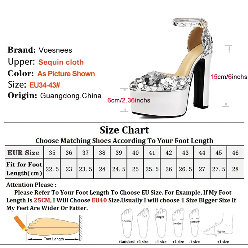 15CM Fashion Platform Sequin Sandals Nightclub Glitter Buckle Strap Pointed Women Shoes Plus Size 34-43 Summer T Show High Heels
