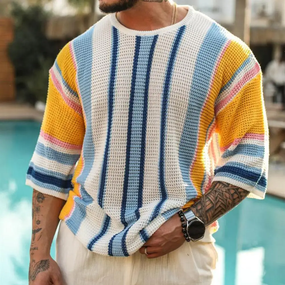 

Loose Fit Sweater Striped Print Round Neck Men's Sweater Knitted Half Sleeve Pullover for Summer Fall Spring Loose Fit Color