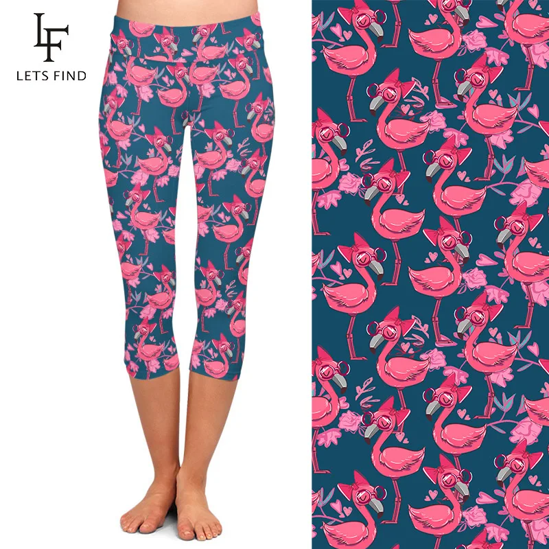 LETSFIND Summer New 3D Hand Drawn Cute Pink Flamingo Print Women Capri Leggings High Waist Soft Fitness Leggings