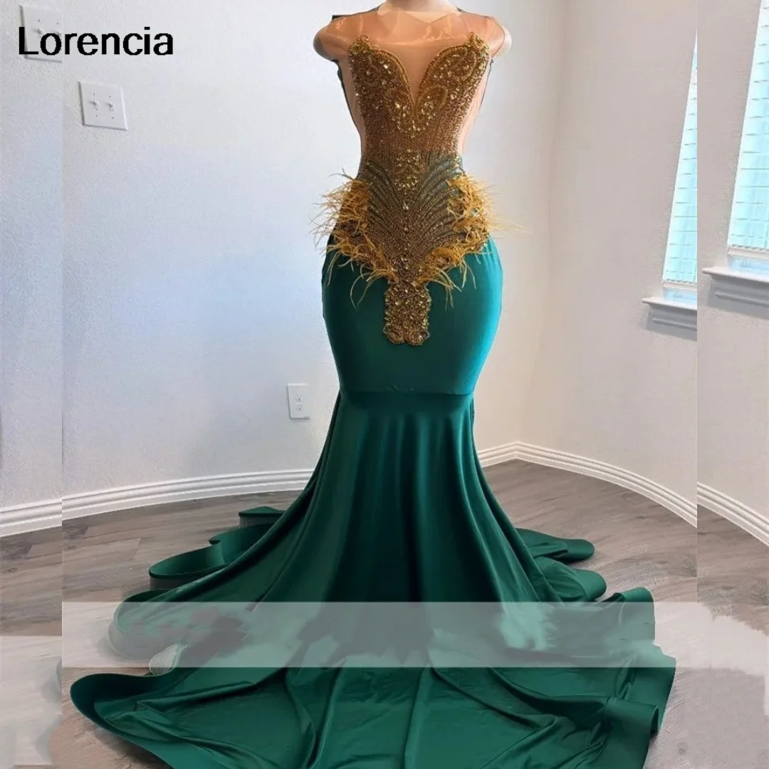 

Lorencia Sparkly Mermaid Prom Dress 2024 For Black Girls Beading Crystals Rhinestones Feather Party Gown Vestidos De Festa YPD40