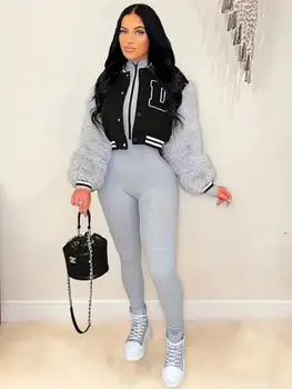 Women Faux Fur Sleeve Cropped Baseball Jacket Casual Patchwork Letterman Coat 3