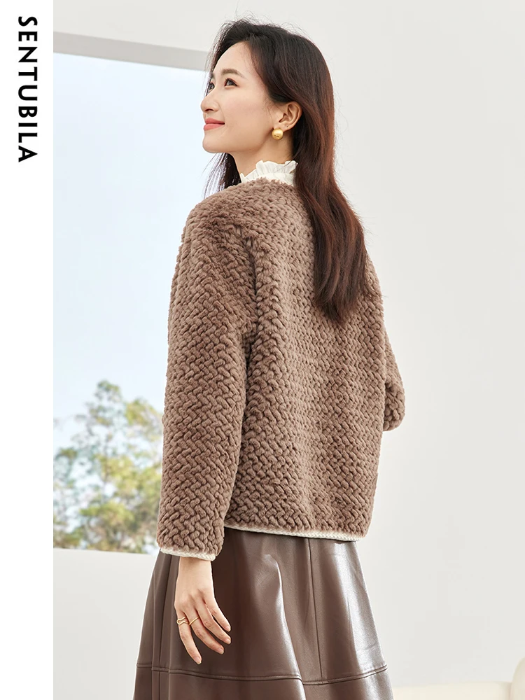 SENTUBILA Winter Faux Fur Coat Women 2023 Elegant Loose O-Neck Short Jacket Autumn Warm Granular Velvet Outerwear Top W34P50026