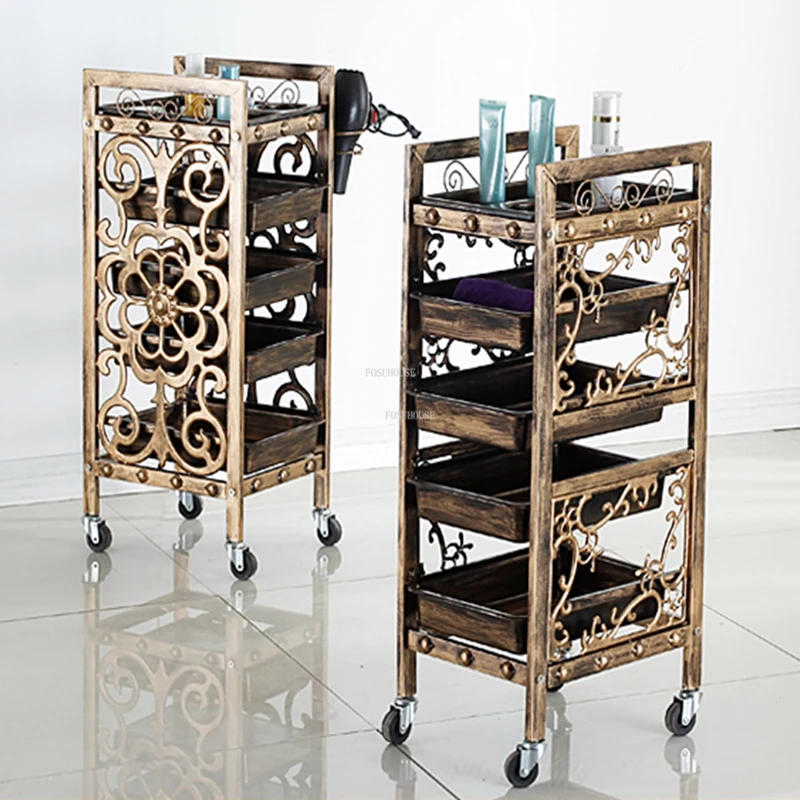 Retro Carved Salon Trolleys with Wheels Creative Salon Furniture Barber Shop Hairdressing Tool Trolley Home Simple Iron Art Rack retro metal cosmetologist trolley mobile pulley beauty salon cart multi level classification barber trolley wild scene tool cart