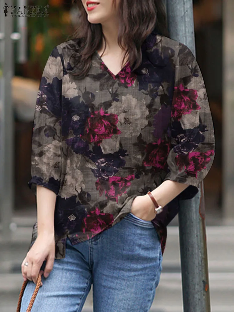 

ZANZEA Spring Casual Floral Printed Blouse Bohemian Elegant Loose Blusas 3/4 Sleeve V-Neck Tops Female Holiday Street Shirt 2023