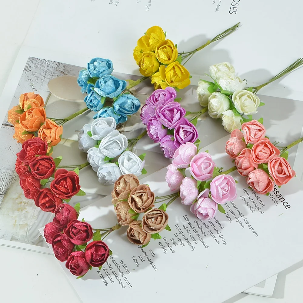 6/60Pcs Mini Artificial Bud Silk Rose Flowers Bouquet Scrapbooking Wedding Party Decoration DIY Handmade Fake Flowers Craft