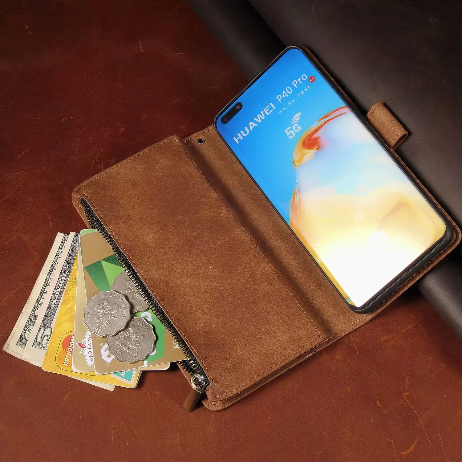 Luxury Leather Wallet with Magnetic Zipper - Retro Flip Card Stand Mobile Case