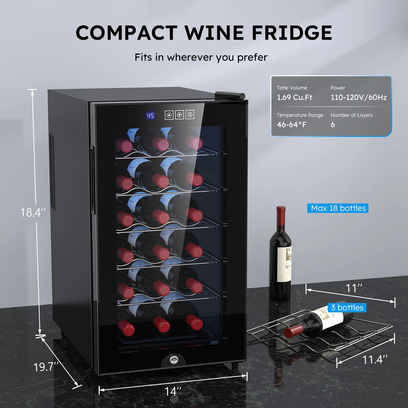 18 Bottles Wine Fridge, Freestanding Compressor Wine Cooler Refrigerator, Beverage Wine Chiller with Digital Temperature Control 5