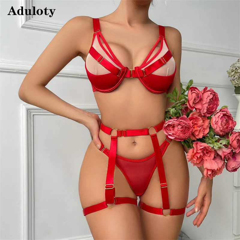 

Aduloty Women's Sexy Underwear Thin Mesh Lace Splice Erotic Lingerie Underwire Bra Pendant G-string Pants Three Piece Set