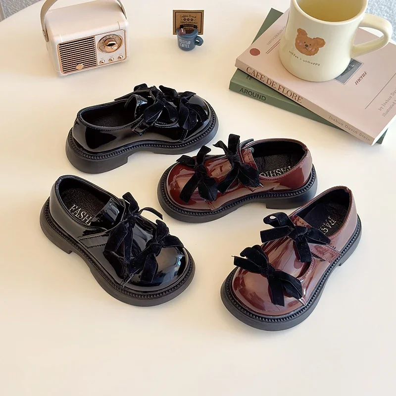 Children Leather Shoes Spring New Princess Shoes for Girls Wine Red Versatile Kids Fashion Wedding Party Mary Jane Glossy