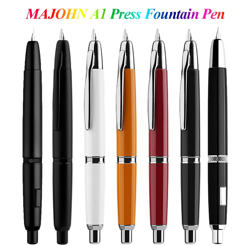 새로운 MAJOHN A1 매트 블랙 클립 프레스 만년필, 개폐식 여분의 미세 펜촉 0.4mm 금속 잉크 펜, 쓰기 변환기 포함