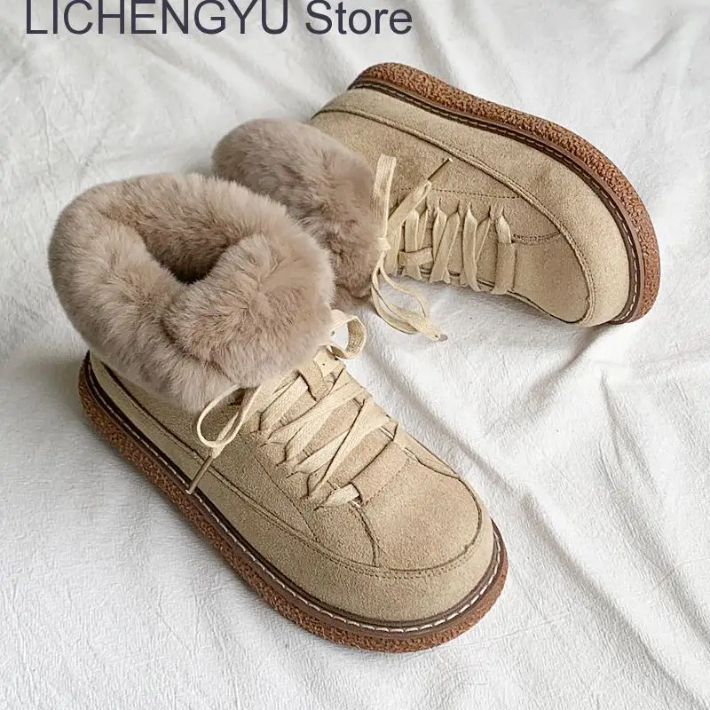 2023 Winter Women Fashion Artificial Fur Snow Boots Platform Med Heel Thick Sole Round Toe Warm Ankle Boots