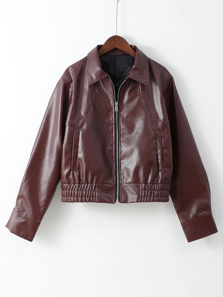 Women Fashion Solid Pu Leather Zipper Coat Retro Turn Down Collar Long Sleeve Outwear 2024 Autumn Female Chic Motorcycle Jackets 5