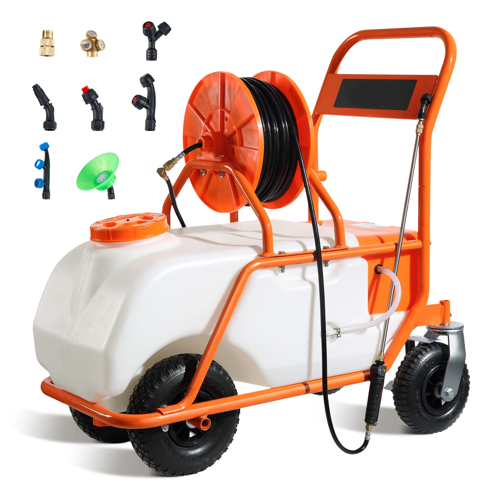 SucceBuy batteriebetriebenes 15-Gal-Garten-Unkrautsprüher mit Rädern, Wagen, 126 Fuß Schlauch mit Rolle, 8 Düsen, 2 Zauberstäbe mit Schloss für Ernte