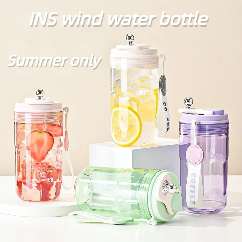 

INS Water Bottle Large Capacity Water Cup Cute DropResistant Leakproof Portable Flip Top Sports Water Bottles with A Rope 420ML