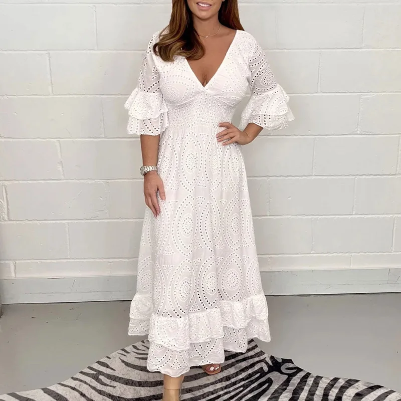 

Retro Elegant Hollow Embroidery Dress Fashion V-Neck Flare Sleeve Pattern Maxi Dress Women Waisted Cascading Ruffles Party Dress