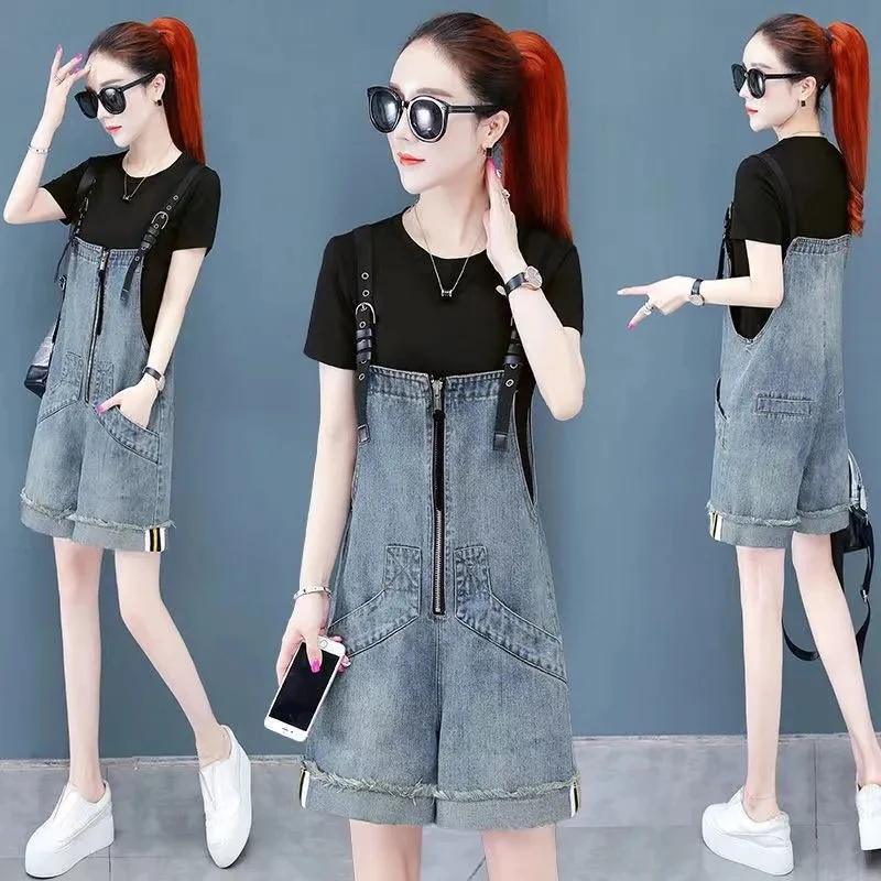 Korean Jumpsuit Shorts For Women Summer Loose Wide Leg Short Overalls Jeans Casual Zipper Pockets Denim Rompers Female Playsuits